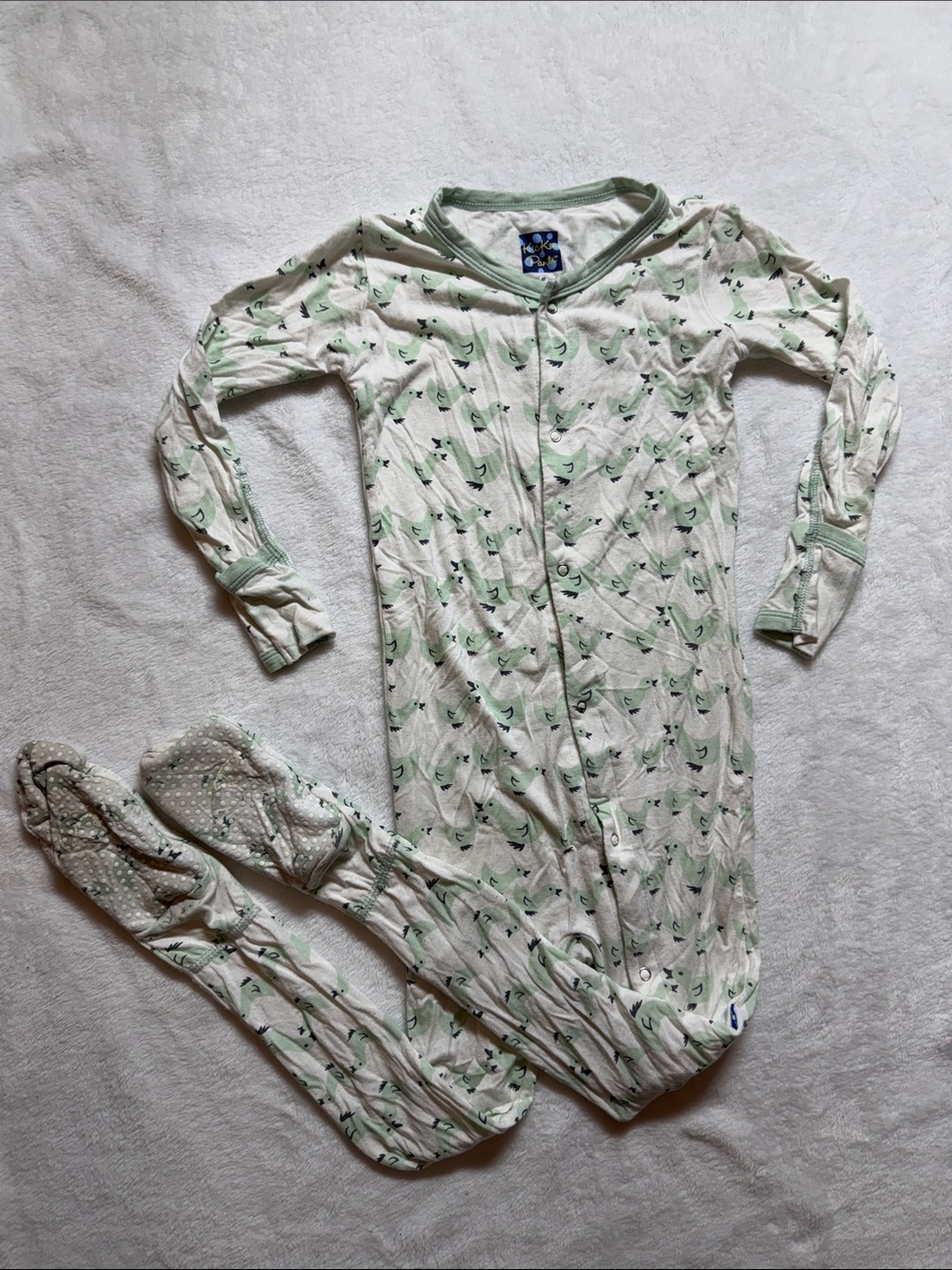 Kickee pants Mint Green Bird Print footie pajamas 4t